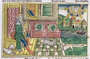 Salmer: frontispice, der viser kong David, der spiller på lyre, fra Nürnbergbibelen (Biblia Sacra Germanaica) (farvet træsnit) af German School