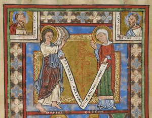 Salterfragment "Psalter of Henry the Lion", f.7v, detalje med Annunciation, ca. 1168-89 (pergament codex) af German School