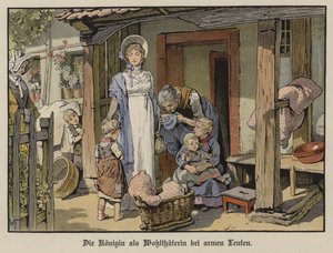 Dronning Louise af Preussen, velgørerinde for de fattige (farve litho) af German School