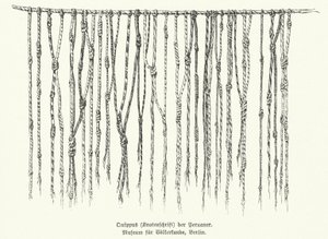 Quipu, midler til at registrere information ved hjælp af knyttede strenge, der bruges af folk i Andesbjergene i Sydamerika (litho) af German School