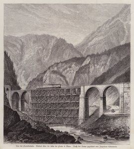 Jernbaneviadukt over floden Fella ved Ponte di Muro, Friuli, Italien (gravering) af German School