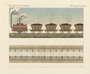 Jernbaner og Steamtrans (farvet gravering) af German School