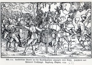 Oprørsbønder, der omgiver en ridder, fra en illustration til Trostspiegel af Petrarch, 1539 af German School
