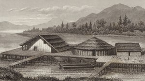 Genopbygning af en gammel sølandsby. Illustration til Bilder-Atlas (gravering) af German School