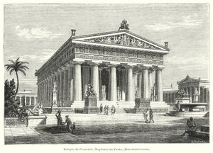 Rekonstruktion af det antikke græske tempel Poseidon, Paestum, Italien (litho) af German School