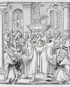 Reformatorerne Martin Luther og Jan Hus administrerer nadver (gravering) af German School