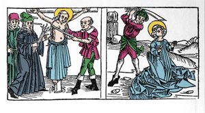 Repræsentation af martyrdøden Saint Seraphia (Serapia) (Seraphia of Syrien), kristen i det 2. århundrede. Indgravering fra “Leben der Heiligen - sommerteil” (Helgenbogen) af Jacobus (James) af Voragine (1228-1298). Lübeck 1488. af German School