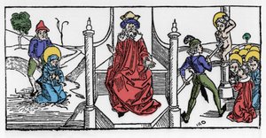 Repræsentation af martyrdøden for Saint Symphorose, en kristen fra det 2. århundrede, og af hendes syv sønner, under kejser Hadrians regeringstid. Indgravering fra “Leben der Heiligen - sommerteil” (Helgenbogen) af Jacobus (James) af Voragine (1228-12) af German School