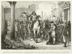 Romulus Augustulus overgiver sig til Odoacer Imperiets Insignia af German School