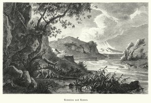 Romulus og Remus, legendariske grundlæggere af det antikke Rom, bliver diet af ulven i ørkenen (gravering) af German School