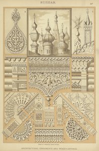 Russiske, arkitektoniske ornamenter og træudskæringer (farve litho) af German School