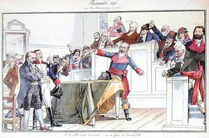 Satirisk tegneserie, der skildrer Dreyfus-affæren som en revolutionær retssag af German School