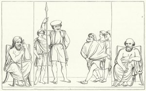 Scene fra et skuespil af den romerske dramatiker Plautus (stik) af German School
