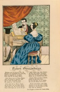 Scene, der viser et par ved klaveret, med et kærlighedsdigt skrevet nedenunder, fra Neuruppiner Bilderbogen, 1850 af German School