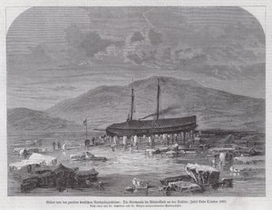 Skonnert Germania på Sabine Island ud for Grønlands østkyst, anden tyske nordpolarekspedition, slutningen af oktober 1869 (gravering) af German School