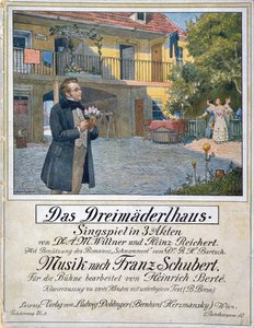 Partitur Cover af Das Dreimaederlhaus (De tre pigers hus) forestillende Schubert foran huset, 1916 af German School