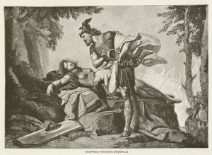 Siegfried vækker Brunhild (gravering) af German School
