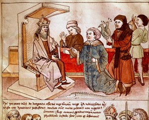 Sigismund I af Luxembourg (1368-1437), kejser af Det Hellige Rige modtager de underdanige folks hyldest. Miniature fra "Krøniker fra Konciliet i Konstanz" af Ulrich Richental (1360-1437) 1438 ca. Prag, nationalbibliotek af German School