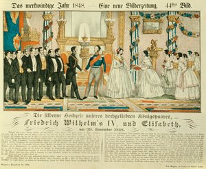 Sølvbryllupsdag for Frederik Vilhelm IV af Preussen og hans kone Elizabeth Ludovika af Bayern, 1848 (farve litho) af German School