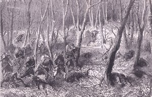 Træfning i skoven uden for Paris, Cassells historie om krigen mellem Frankrig og Tyskland udgivet af Cassell and Company Limited, ca. 1890 (litho) af German School
