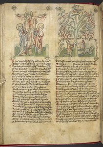 Sloane 361, f.26v Nebukadnezar ser et træ i en drøm; korsfæstelsen, fra 