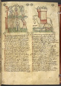 Sloane 361, f.27 Kong Codrus giver sig selv til at blive dræbt for sit folk, og Eleazar Maccabeus stikker elefanten og bliver knust af den, fra 