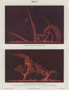 Solprominenser observeret af den franske kunstner og astronom Etienne Leopold Trouvelot den 15. og 29. april 1872 (farve litho) af German School