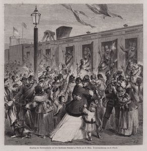 Soldater fra den preussiske Garde Landwehr blev budt velkommen på Potsdam Station, Berlin, ved deres hjemkomst fra den fransk-preussiske krig, 22. marts 1871 (gravering) af German School