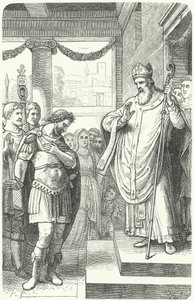 Sankt Ambrosius forhindrer den romerske kejser Theodosius I i at komme ind i Milanos katedral som straf for massakren i Thessalonika, 390 (gravering) af German School