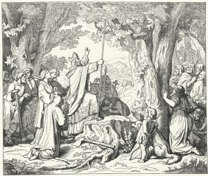 St. Bonifatius, der fælder Donars Eg, hellig for de hedenske tyskere (gravering) af German School