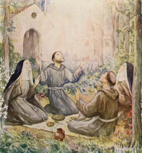 Frans og Klara af Assisi spiser måltidet uden for kirken St Mary of the Angels (farvelitografi) af German School