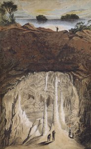 Drypsten og stalagmitter i en hule (farve litho) af German School