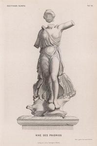 Statue af Nike, oldgræsk sejrsgudinde, af Paionios, udgravet i Olympia, Grækenland (gravering) af German School