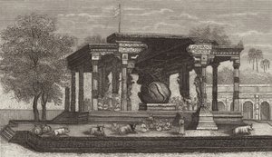 Statue af den hellige tyr Nandi i et hinduistisk tempel i Tanjore, Indien. Illustration til Bilder-Atlas (gravering) af German School