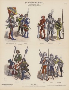 Schweiziske militærkostumer fra det 15. århundrede (farvegravering) af German School