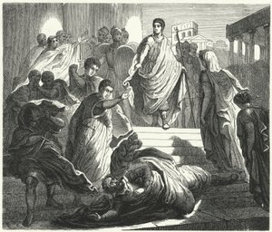 Tarquinius Superbus myrder sin svigerfar, Servius Tullus, for at gøre krav på den romerske trone (gravering) af German School