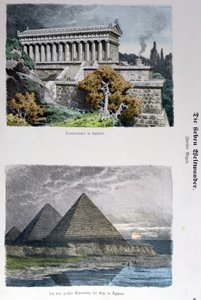 Dianatemplet i Efesos og pyramiderne i Giza, fra en serie af verdens syv vidundere offentliggjort i Munchener Bilderbogen, 1886 (farvegravering) af German School