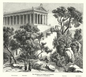 Poseidon-templet, Kalaureia, Grækenland, hvor Demosthenes indtog helligdommen, før han tog gift i 322 f.Kr. (gravering) af German School