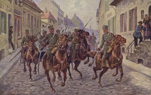 Midlertidig indtagelse af byen Reims af tyske husarer, Første Verdenskrig, 9. september 1914 (farvelitografi) af German School