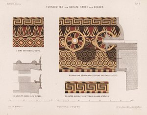 Terracotta dekorationer fra finansministeriet i Gela, Olympia, Grækenland (farve litho) af German School