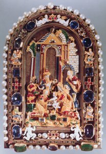 Kongernes tilbedelse, reliefplade indrammet med miniaturefigurer af de fire evangelister og putti vekslende med safirer, fra München (emalje, forgyldt, halvædelsten, perler) af German School