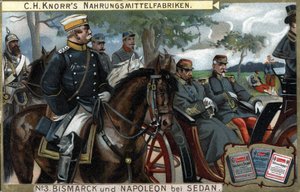 Slaget ved Sedan, krigen i 1870: General Otto von Bismarck (1815-1898), konge af Preussen eskorterede kejser Napoleon III (Louis Napoleon Bonaparte) af German School