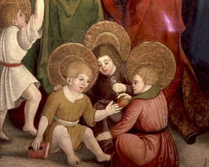 The Childhood of St. Joseph, detalje af børn, der leger, Swabian School (olie på panel) af German School