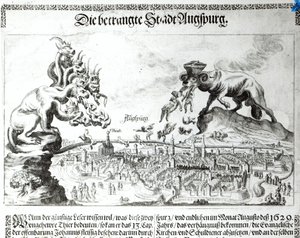 Byen Augsburg blev tvunget til at acceptere katolsk dominans i 1629 (gravering) (bw foto) af German School