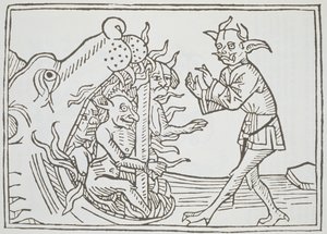 Djævelen Belial før Helvedes Porte, fra Das Buch Belial, udgivet i Augsburg, 1473 af German School