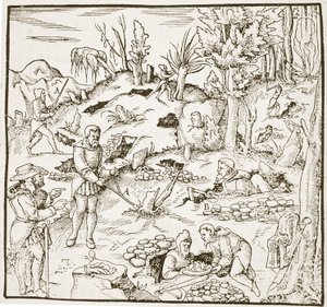 The Divining Rod, fra Bergwerk Buch af Georg Agricola, Frankfurt 1580, illustreret i en History of Magic, udgivet sent i det 19. århundrede af German School