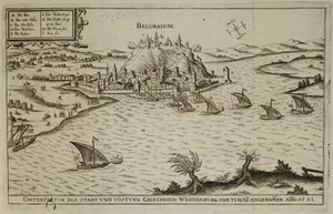 Beograds fald til tyrkerne i 1521, illustration fra en bog om de osmanniske felttog i Europa, indgraveret af Paul Furst (ca. 1605-66) af German School