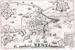 Fæstningen Canischa belejret forgæves af de kristne i 1664, illustration fra en bog om de osmanniske felttog i Europa, indgraveret af Paul Furst (ca. 1605-66) (stik) af German School