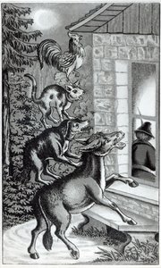 De fire dyr, der råber mod vinduet, illustration til The Musicians of Bremen Town, fortælling af brødrene Grimm af German School