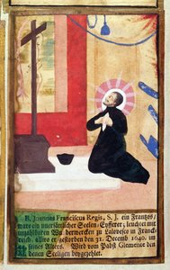 Der französische Jesuitenpater Jean François Regis kniet vor einem Kruzifix, aus dem Martyrologium der Jesuiten, 1688 von German School